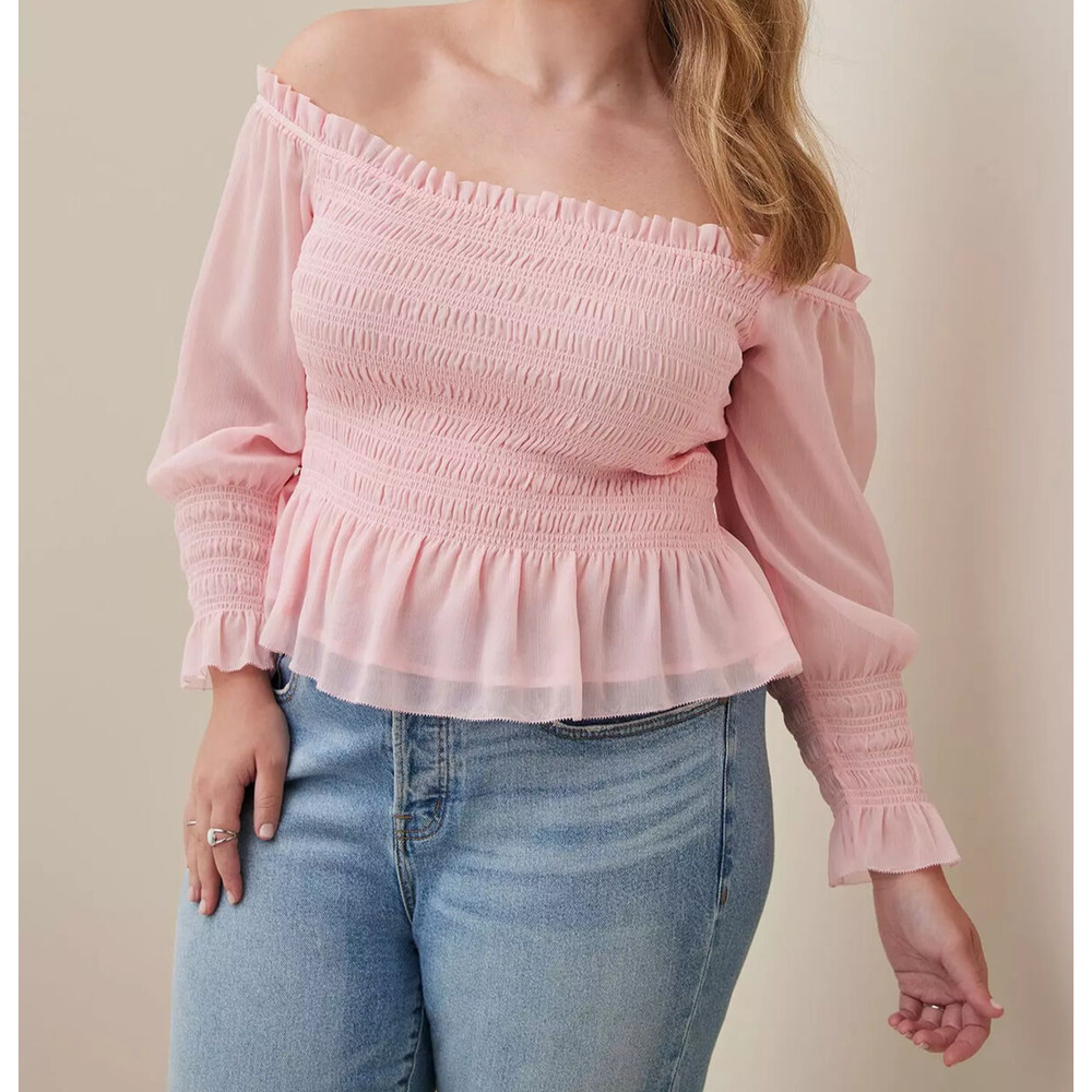 Torrid NWT Crinkle Chiffon Smocked Waist Off-Shoulder Crop Top in Pink 4 (4X)